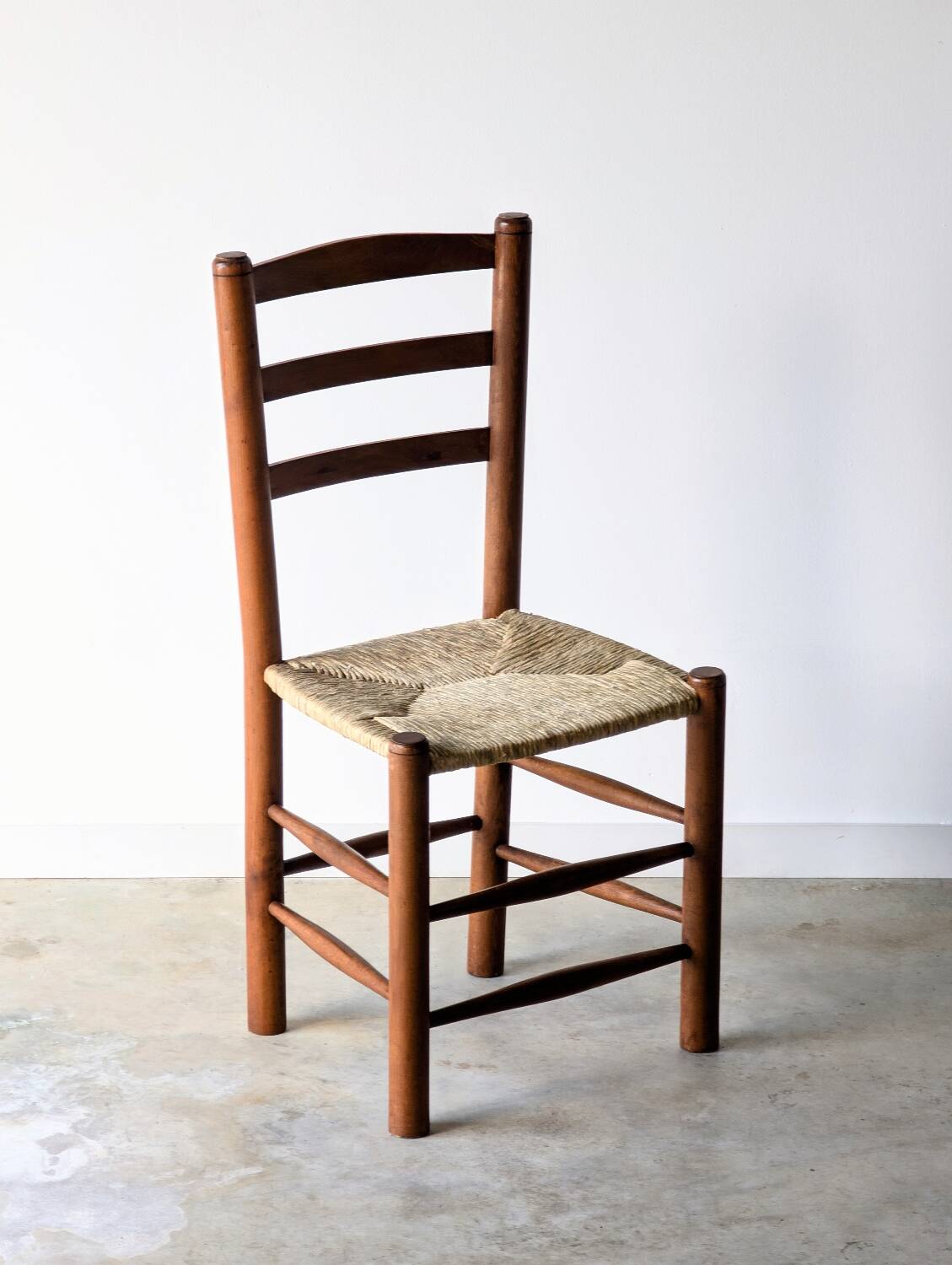 4 vintage brutalist chairs, wood & rope, Sentou / Perriand, 1960