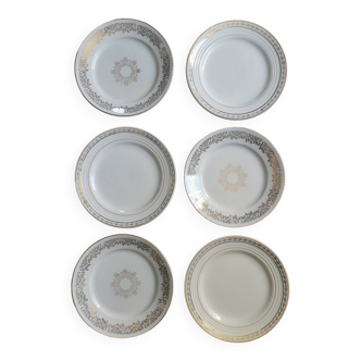 Assiettes plates vintage dépareillées blanc et doré