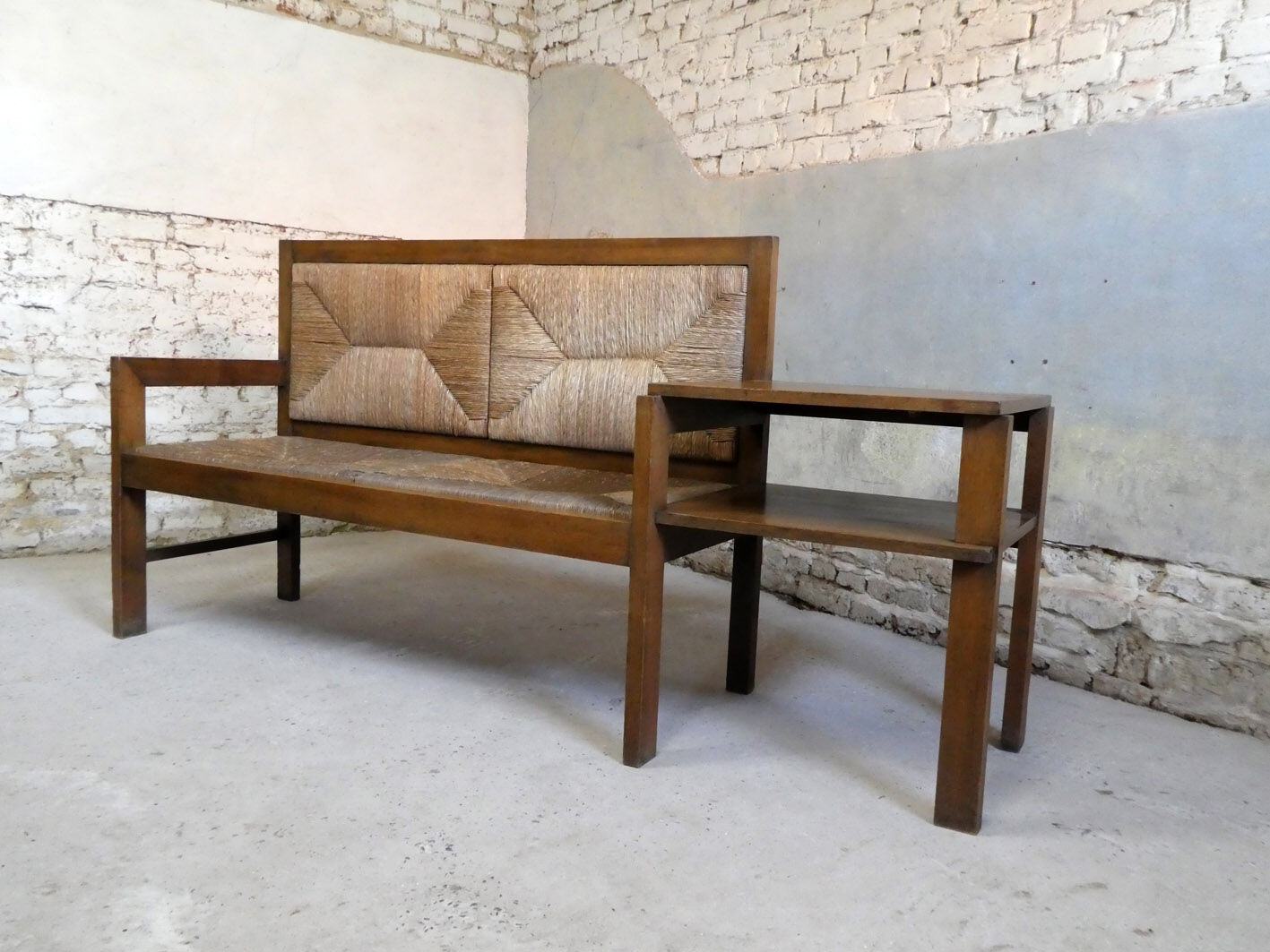 large oak and straw bench, 1930