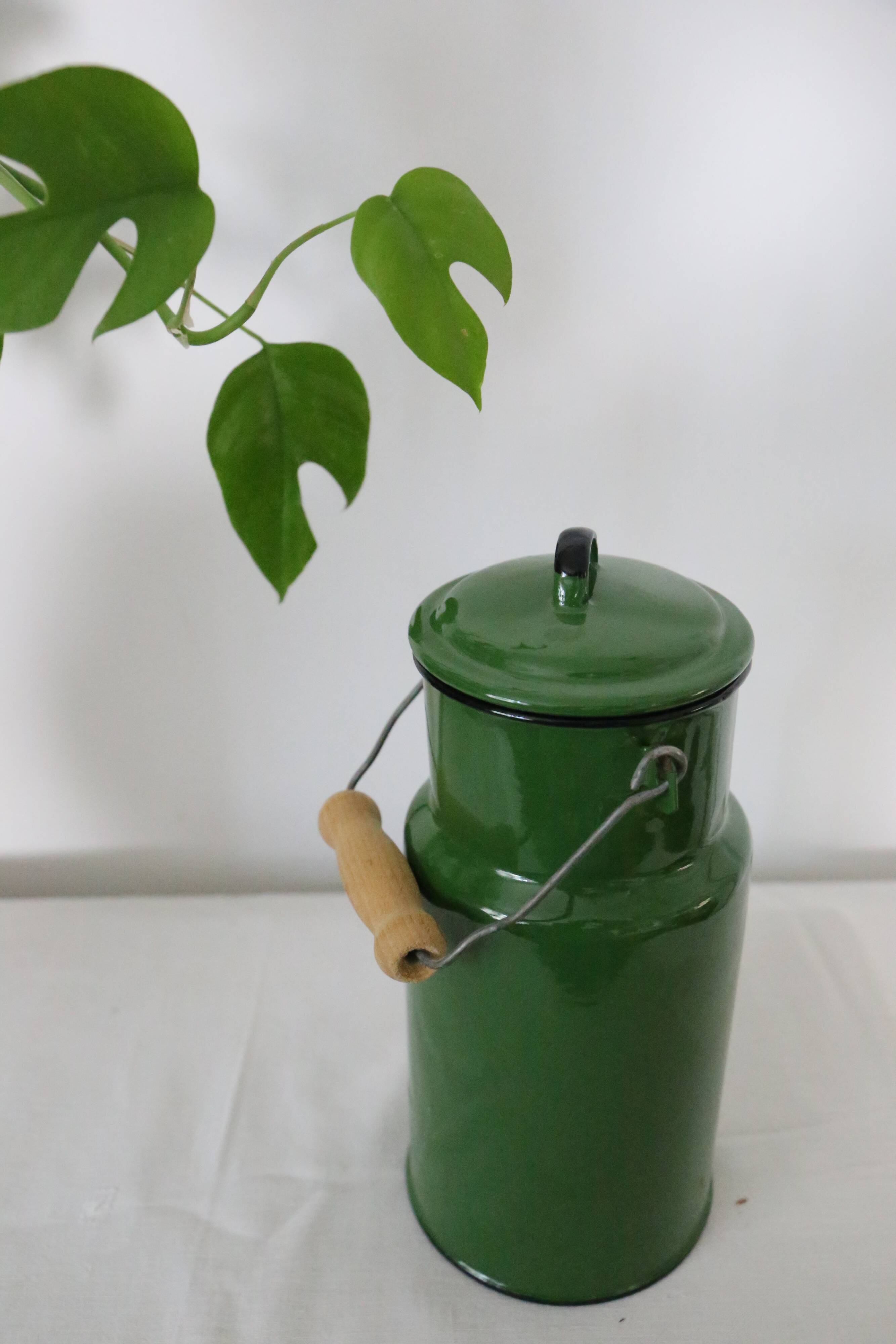 Enamelled metal milk jar, vintage