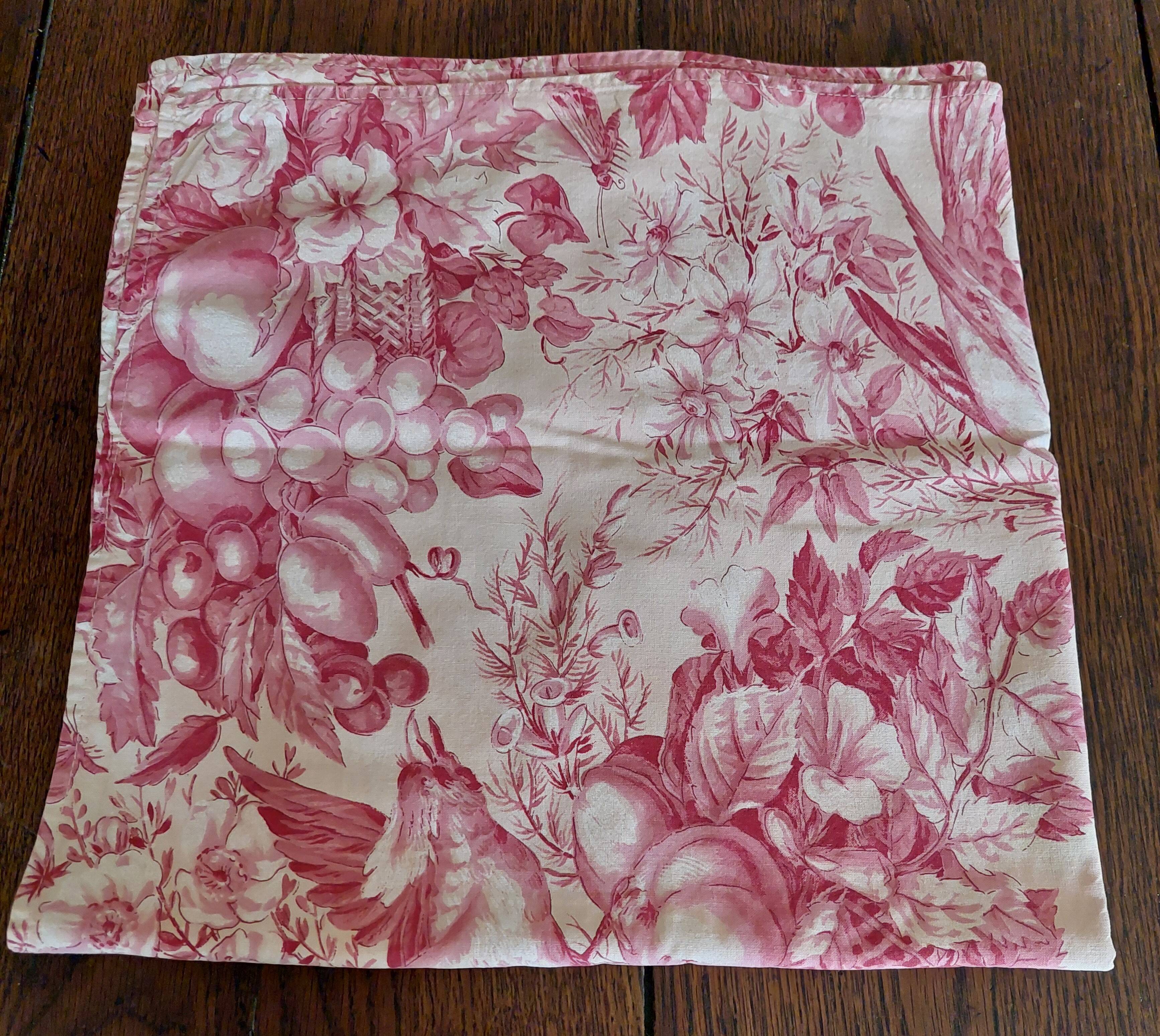 Vintage cotton tablecloth with birds and pink flowers 135 X 145 cm
