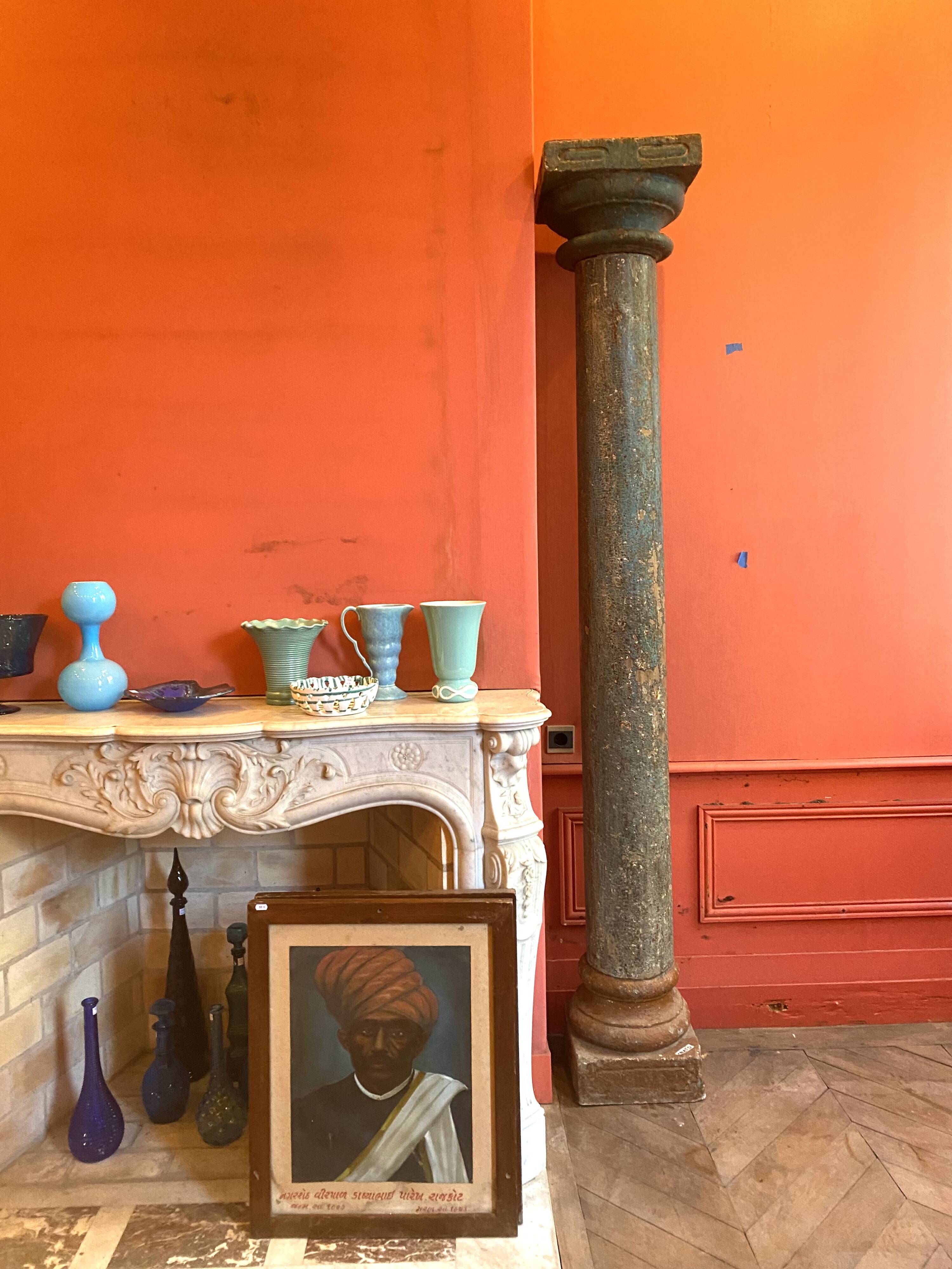 Teak and blue lacquered stone column