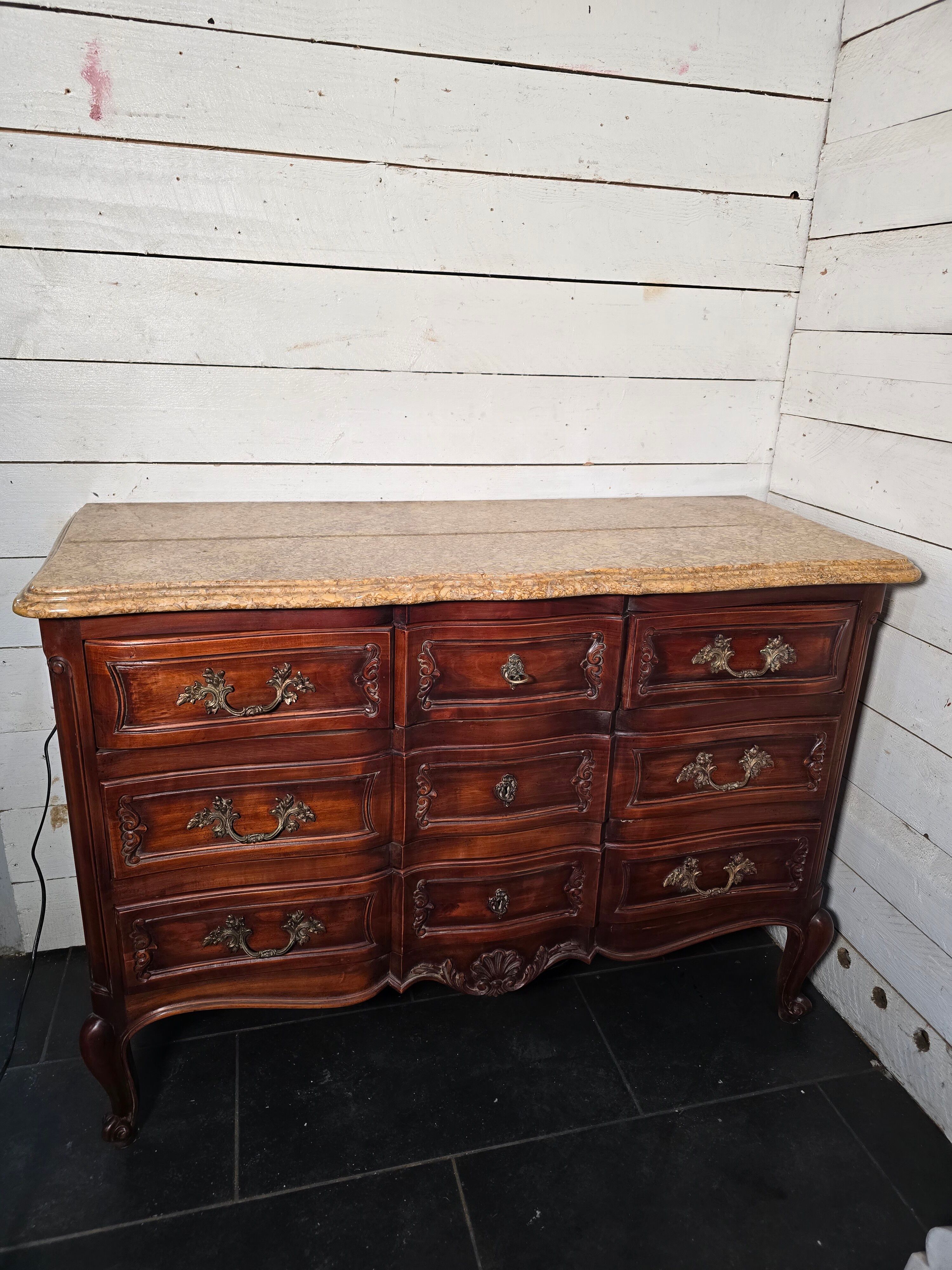 Crossbow commode in solid cherry wood, Louis XV style with marble top.