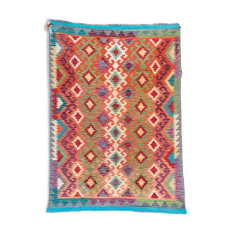 Multicolored Afghan kilim rug traditional handmade patterns in wool