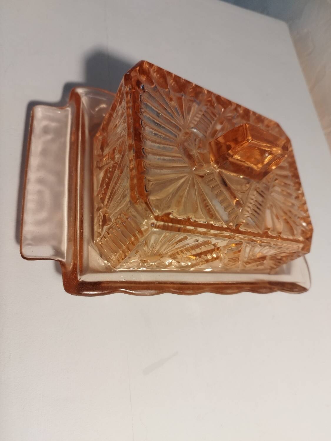 Pink glass butter dish