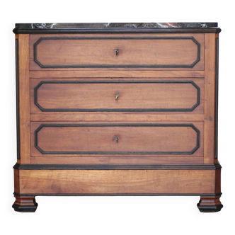 Commode bois et marbre noir 3 tiroirs, meuble de rangement bois ancien