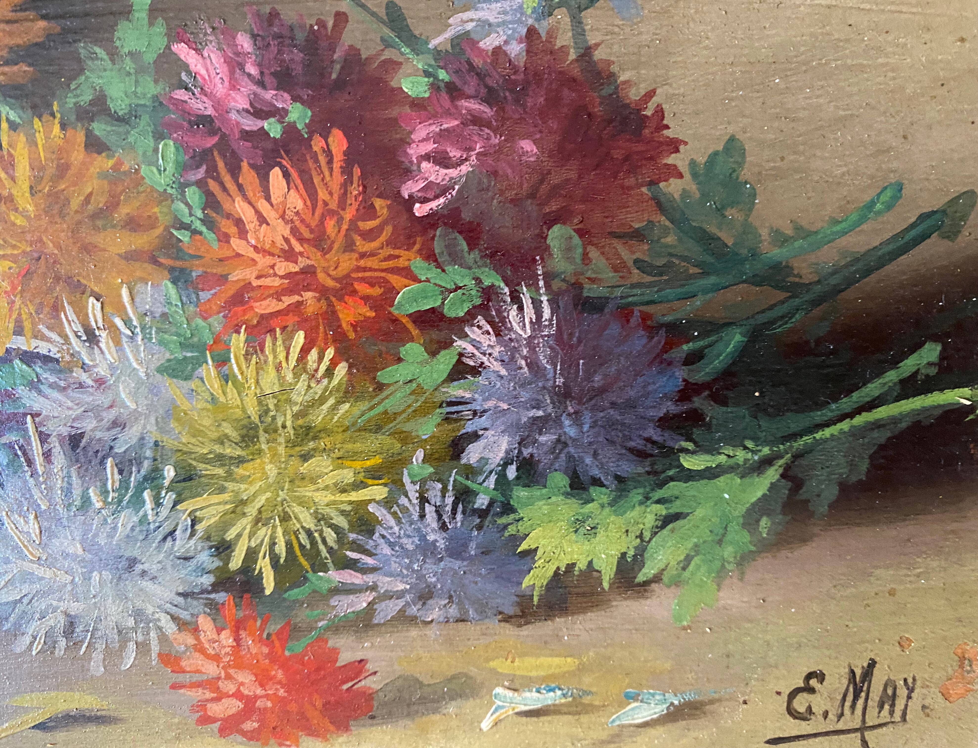 Nineteenth century painting HSP "Jetty of flowers" signed E. May + frame