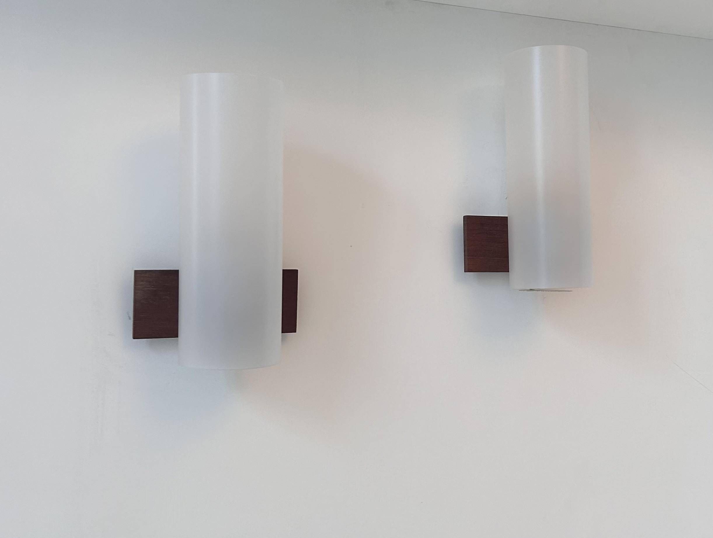 Pair of vintage wall lights, opaline perspex and teak, Doria Leucthen, Germany 1960s