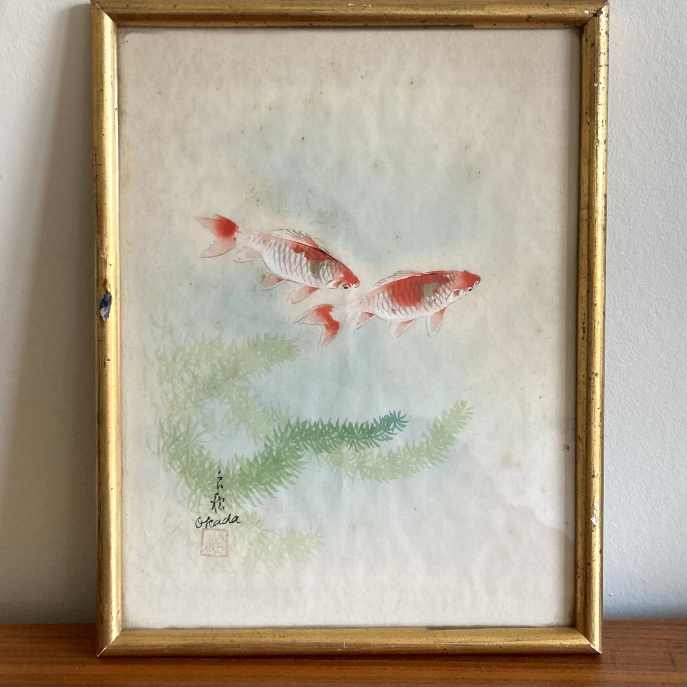 Small Japanese painting goldfish Okada vintage old watercolor
