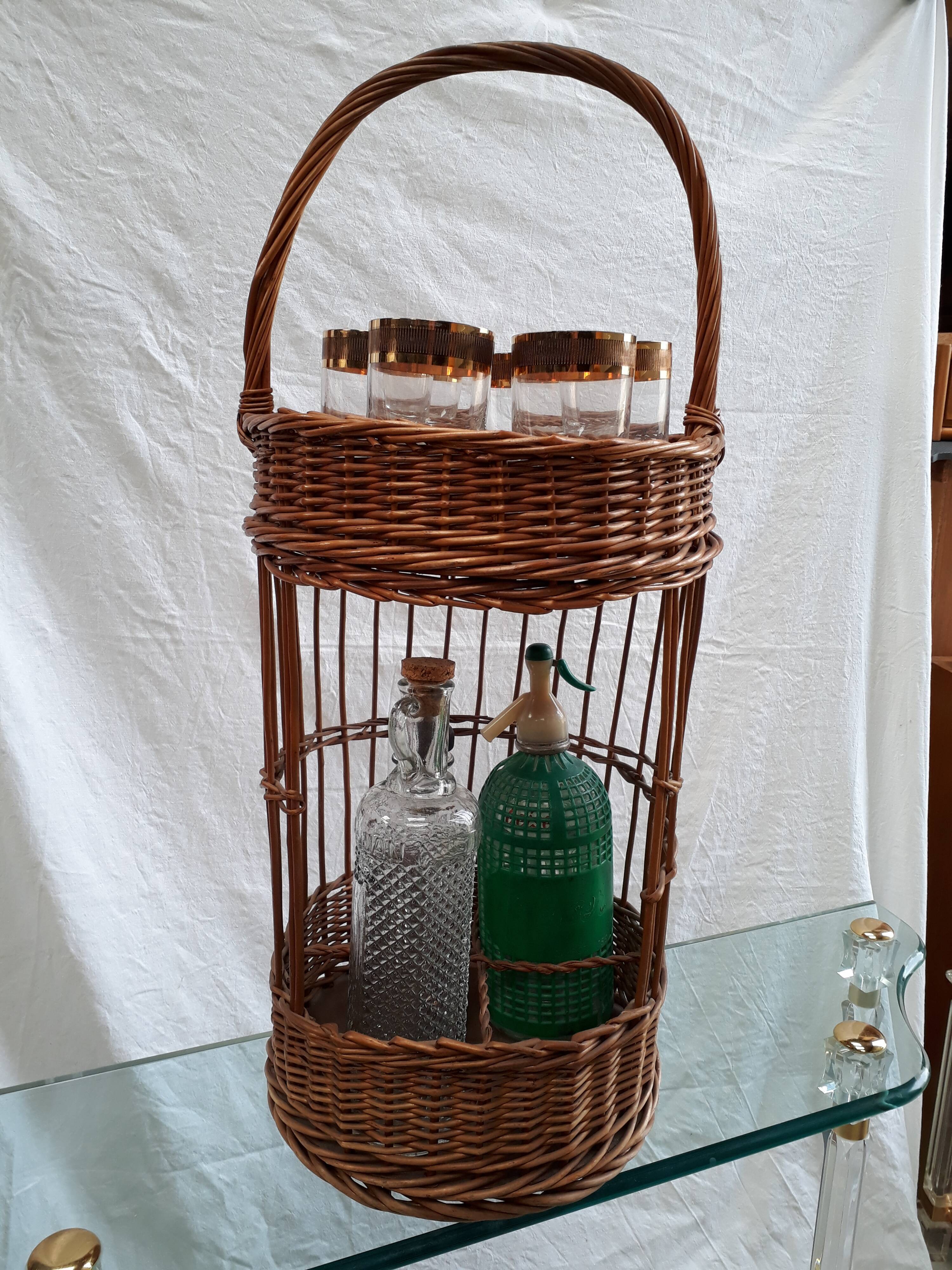 Bottle holder, mini bar, vintage wicker
