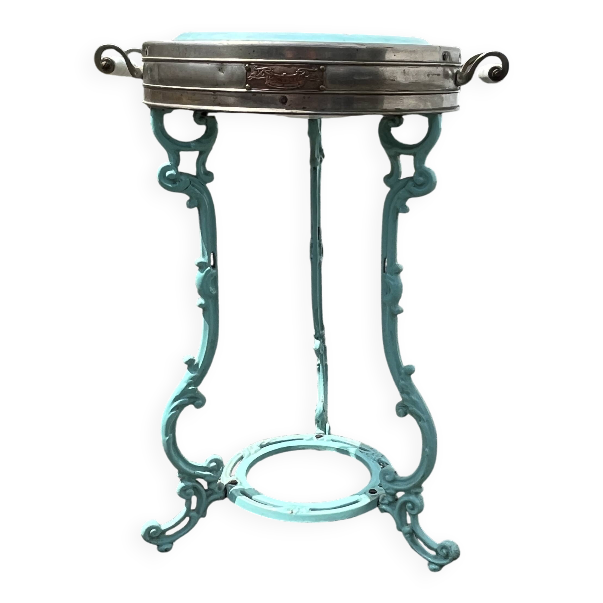 Antique bistro heating table "Le Coquet", enamelled tray, piece by piece.