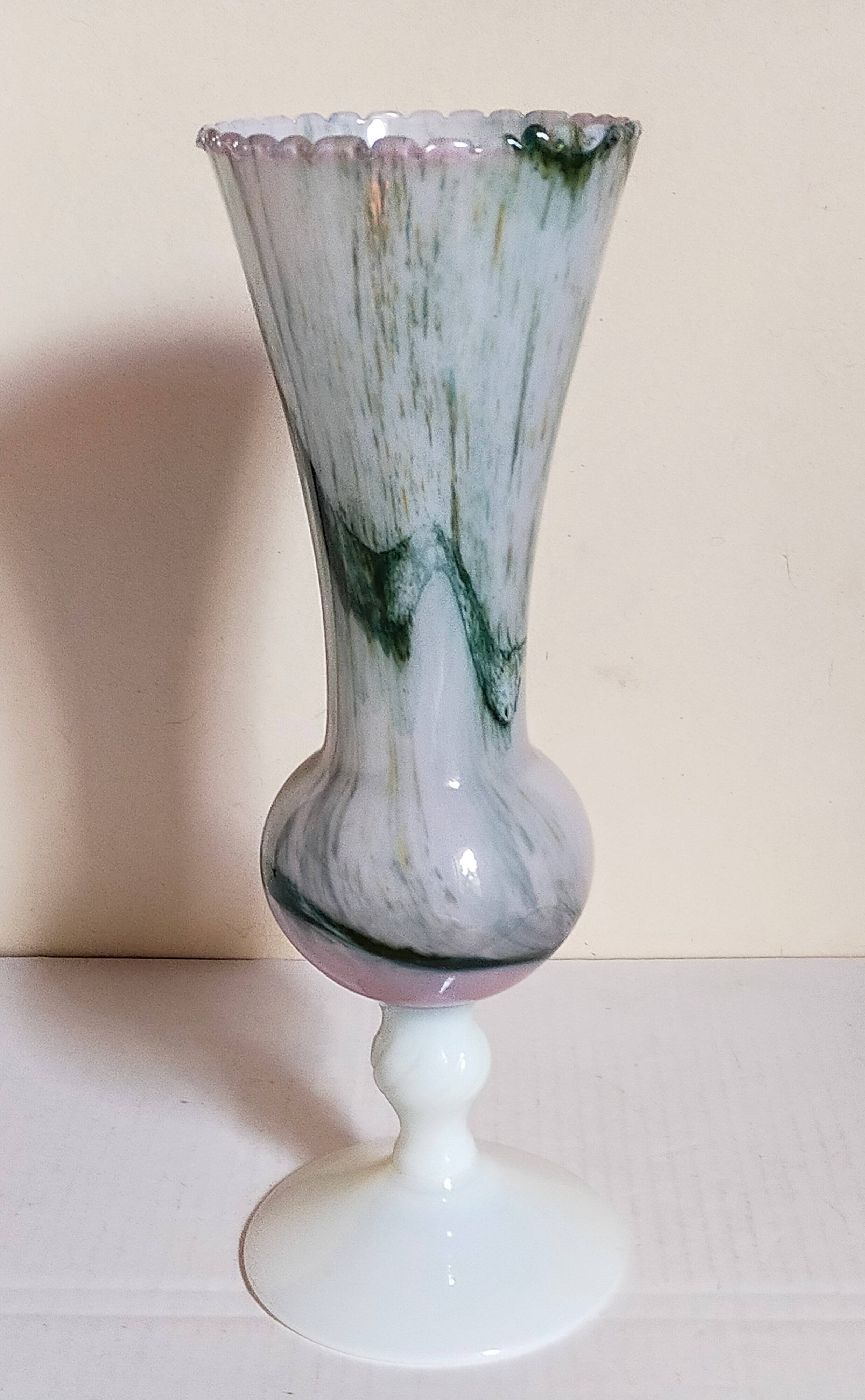 Vase on foot in opaline and vintage blown glass 30 cm