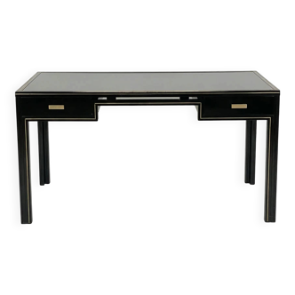 Vintage desk signed Pierre Vandel – black lacquered glass & brass – 1970s