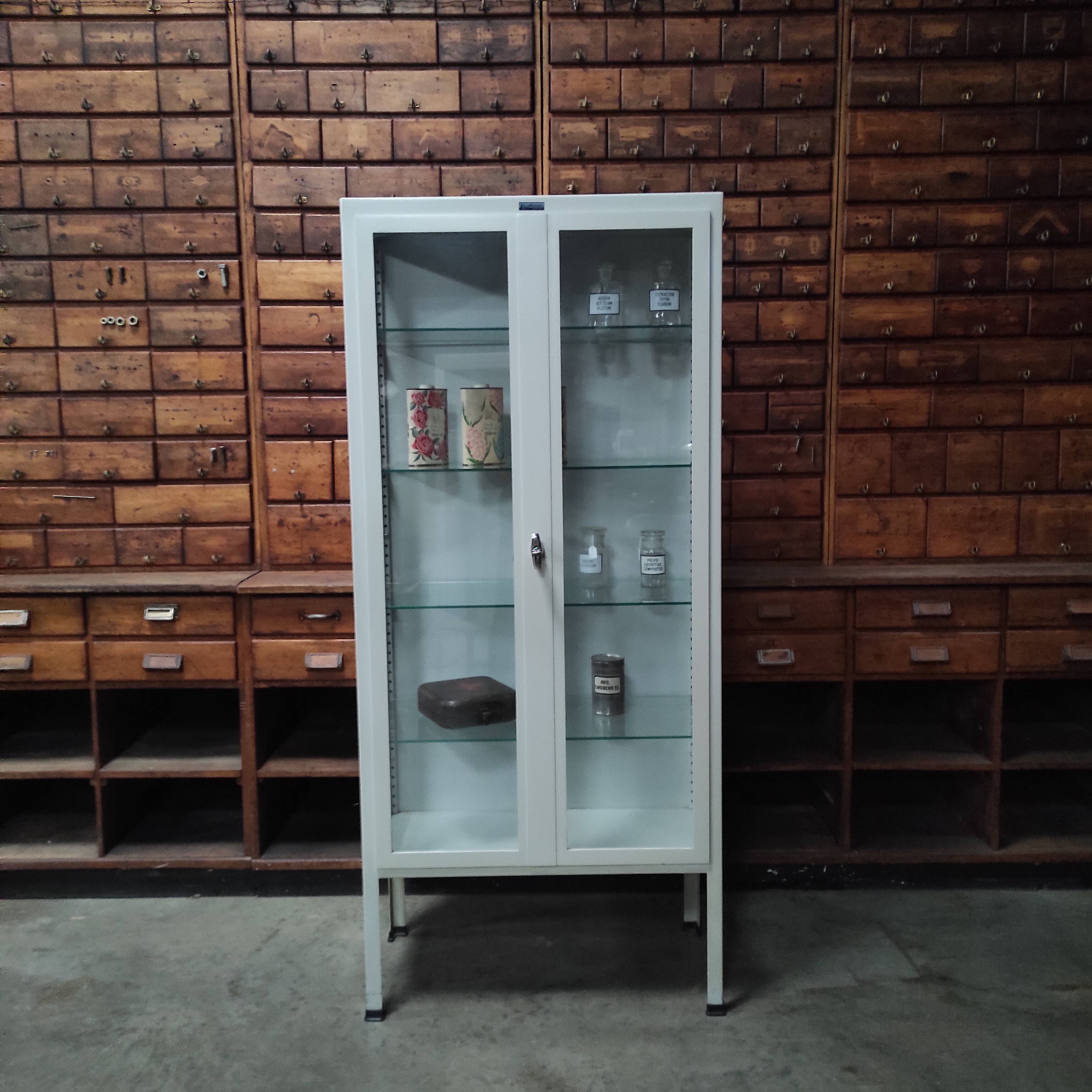 Vintage ManuBelge Medical Cabinet | Industrial Glass Display