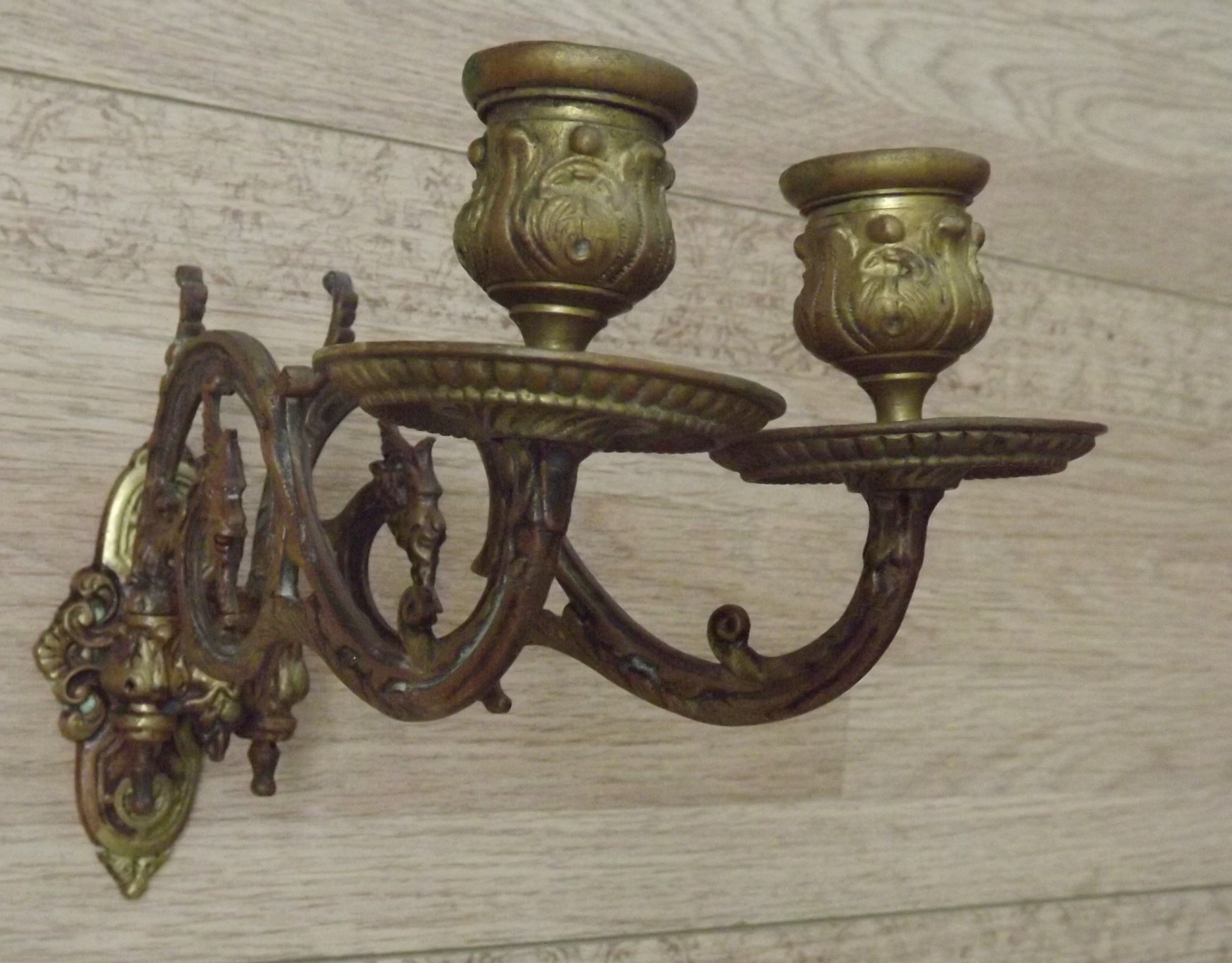 Antique French Gothic Dragon Bronze Double Piano Sconce Signed L. Pinet