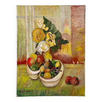 Oil painting on canvas still life with flowers and fruits Mercier Contart