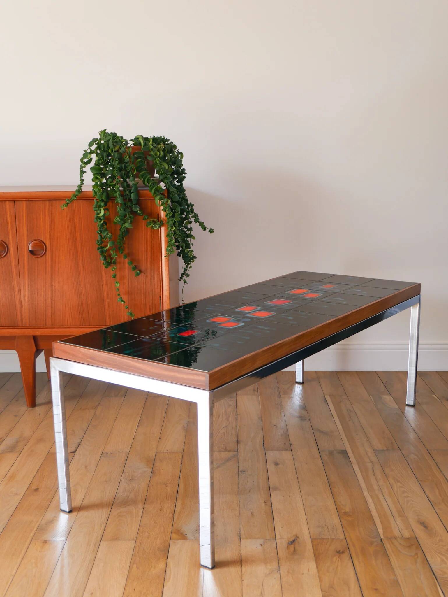 Table basse en céramique, teck & chrome, design, 1970