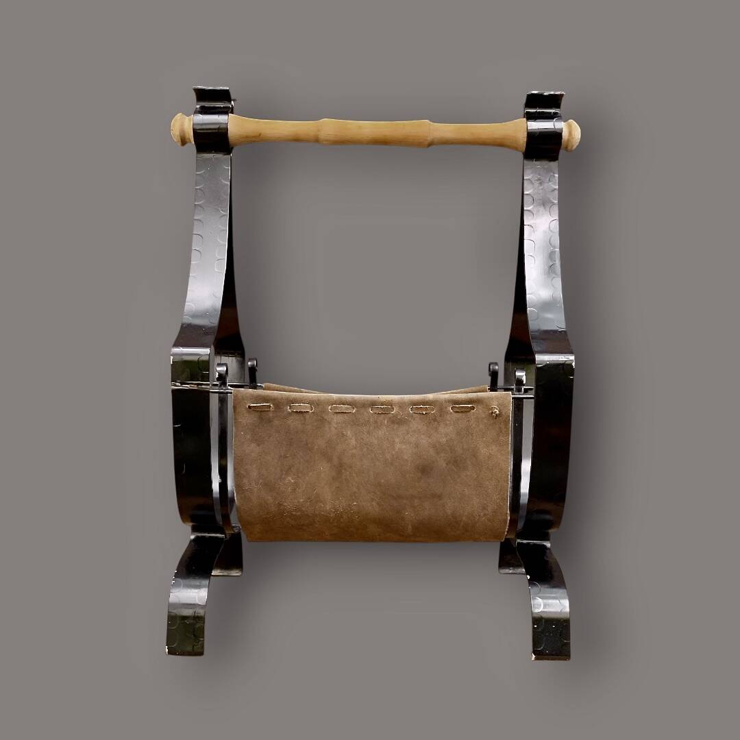 Antique wrought iron, wood and suede magazine rack - 4.1 kg - 1950s