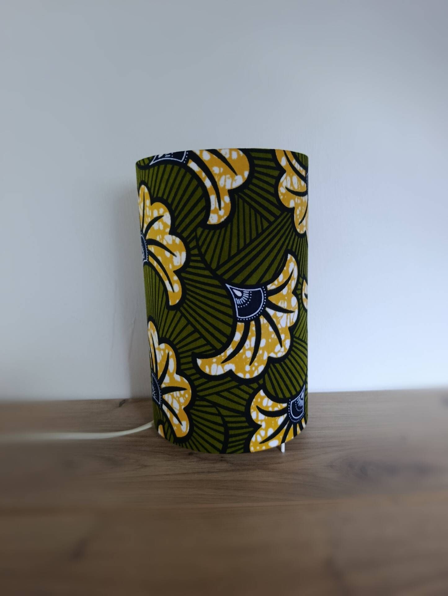 Olive green/yellow ethnic printed flower wax tube lamp