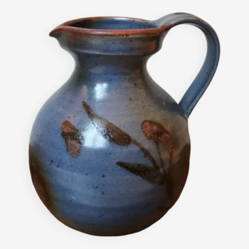 Vintage blue enameled stoneware carafe signed