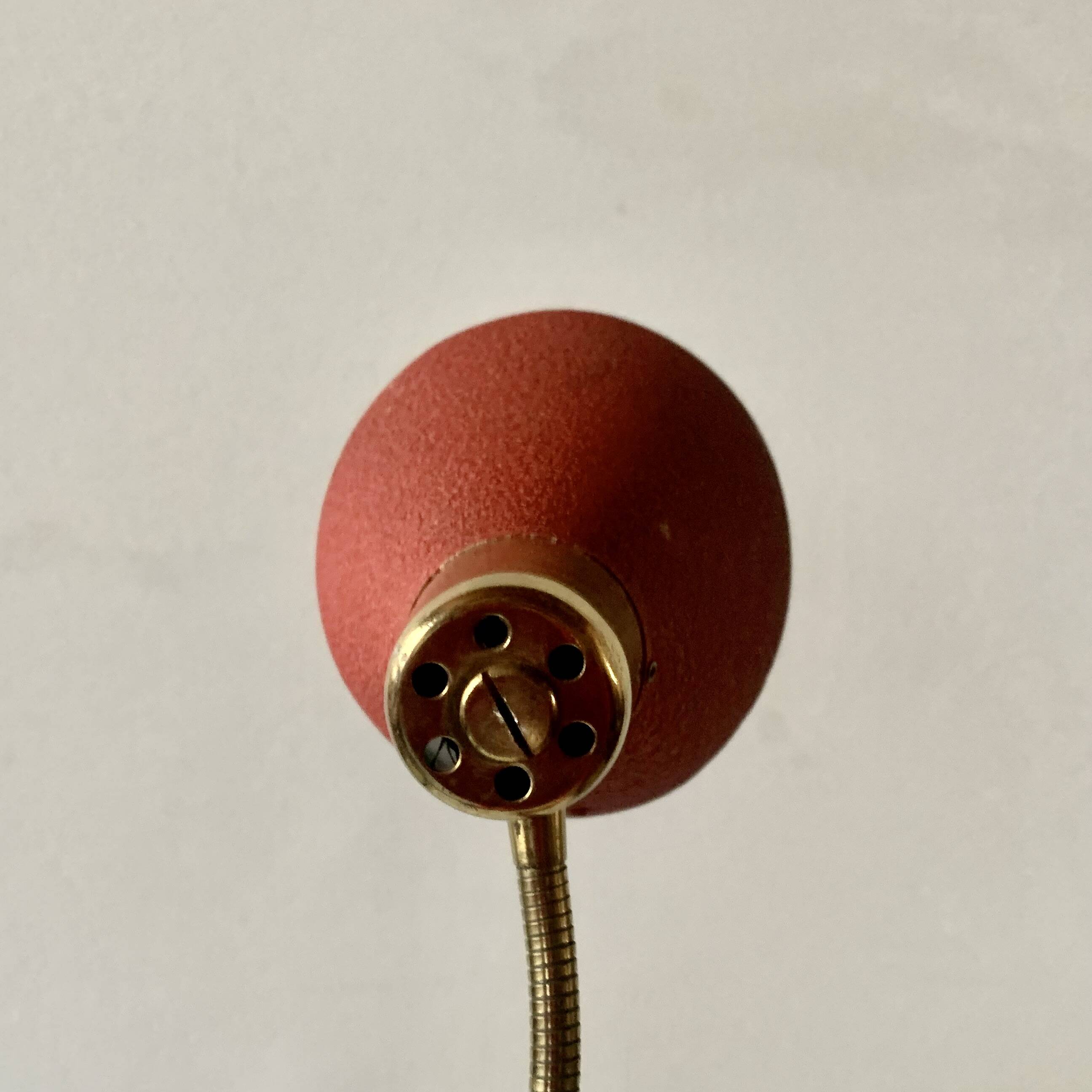 Brass and red painted metal clamp desk lamp - 1950s