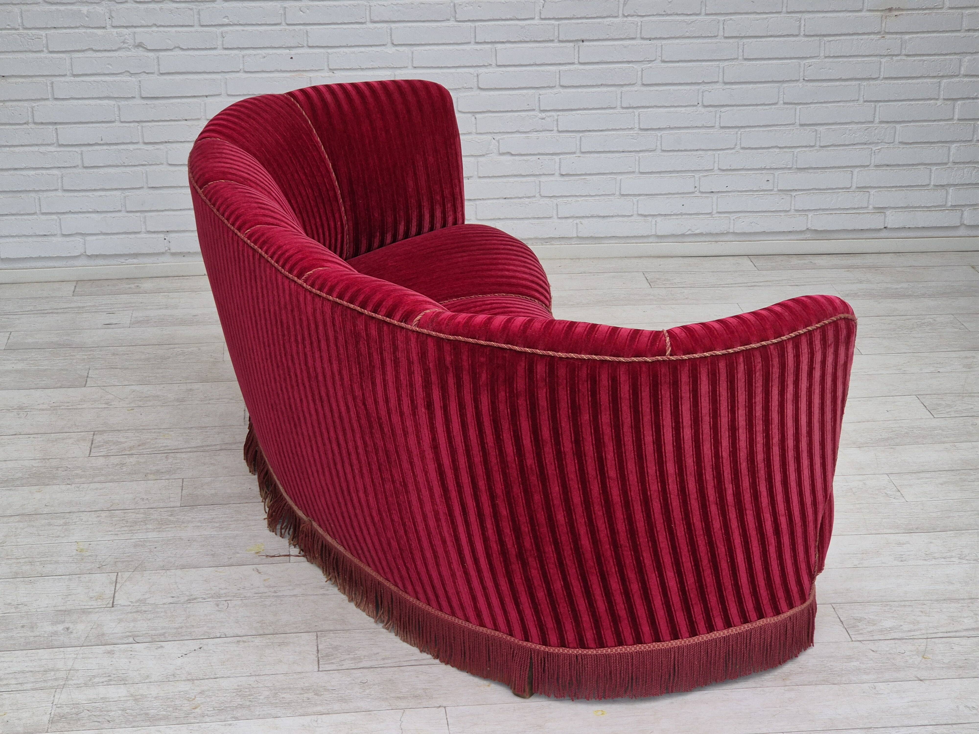 1960s, Danish 3-seater "Banan" sofa, original cherry-red furniture velour.