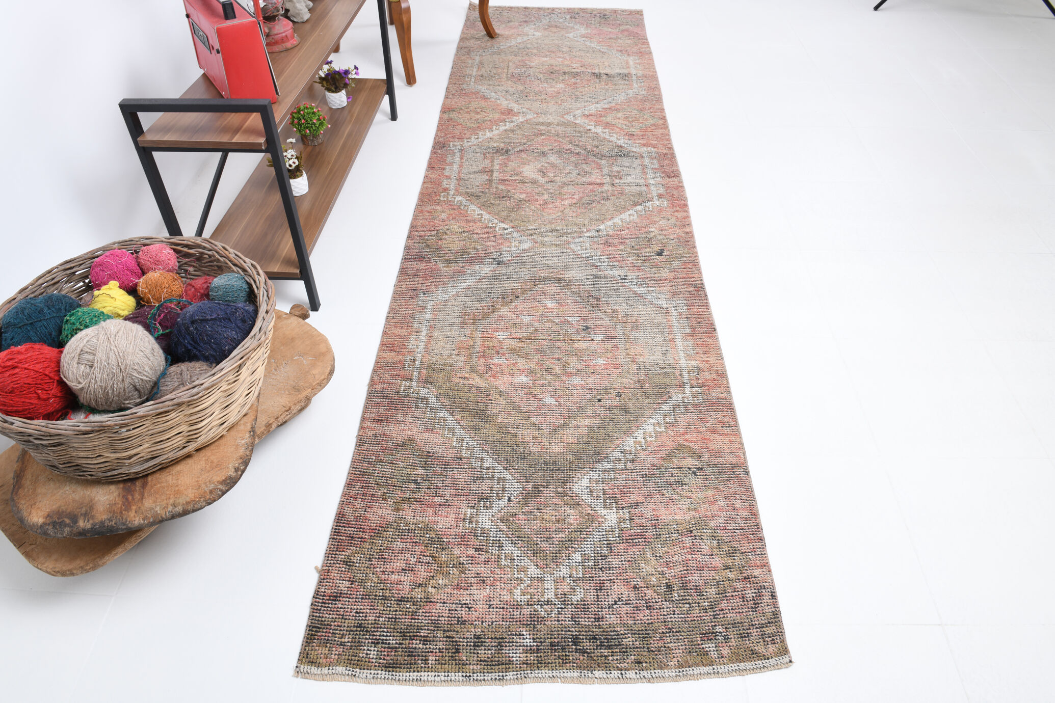 Faded brown & beige turkish runner rug 339x91cm
