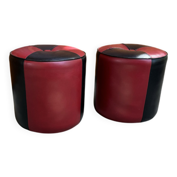 Set of 2 Mid-Century bordeaux and black ottomans in faux leather (upholstery fabric) - 1950s