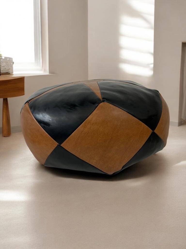 Vintage brown black patchwork pouf from the 70s