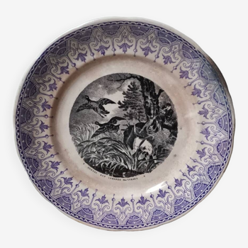 Vintage plate Sarreguemines Digoin France wild duck hunting purple