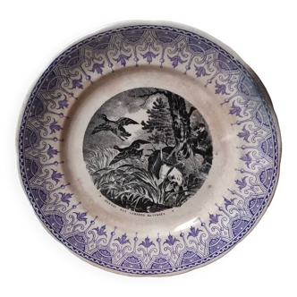 Vintage plate Sarreguemines Digoin France wild duck hunting purple