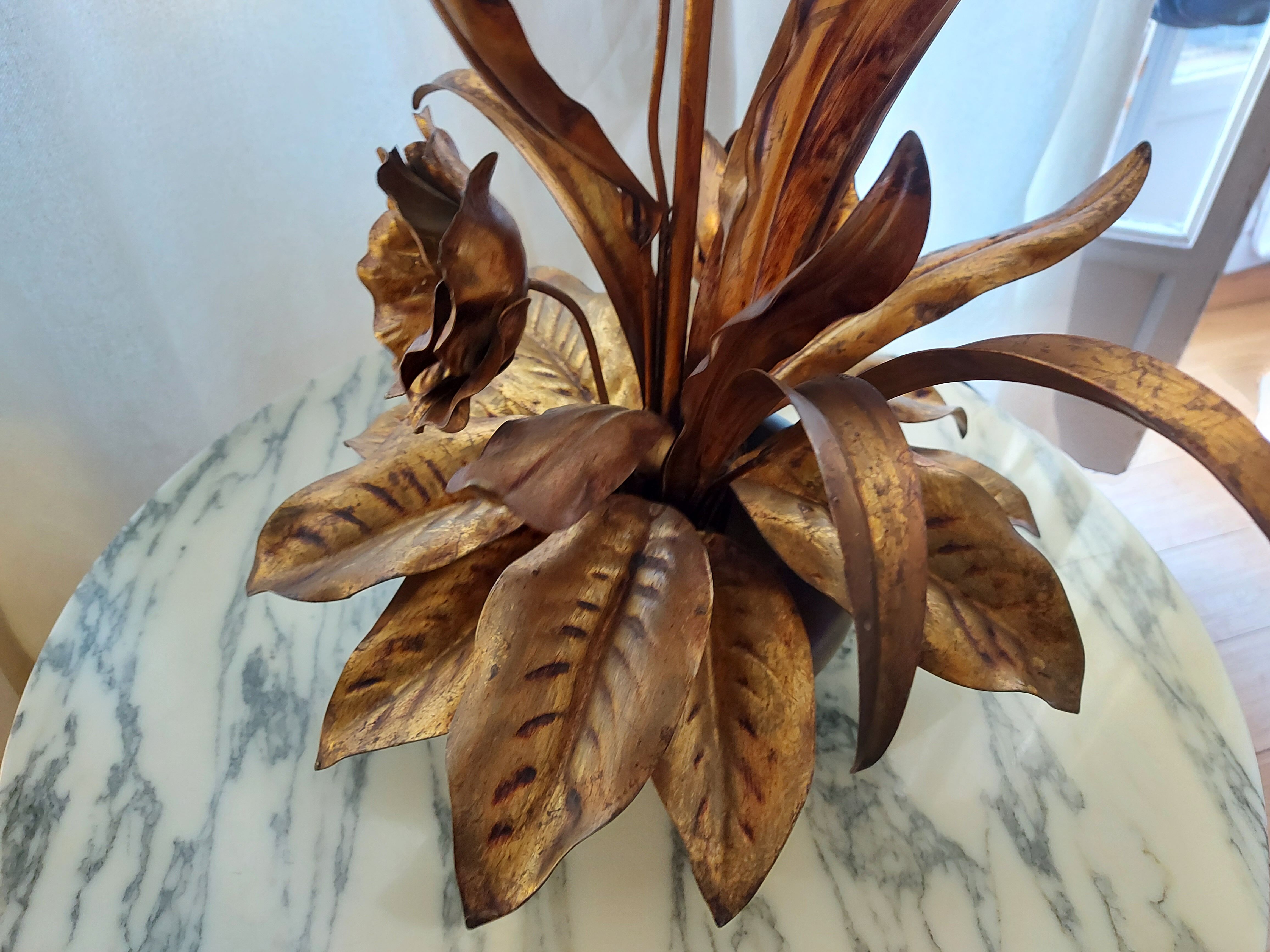 Large lamp, bouquet of vintage anemone flowers, gold metal, Hans Kogl