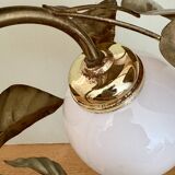 Vintage lamp with leaves in gilded brass and white opaline globe