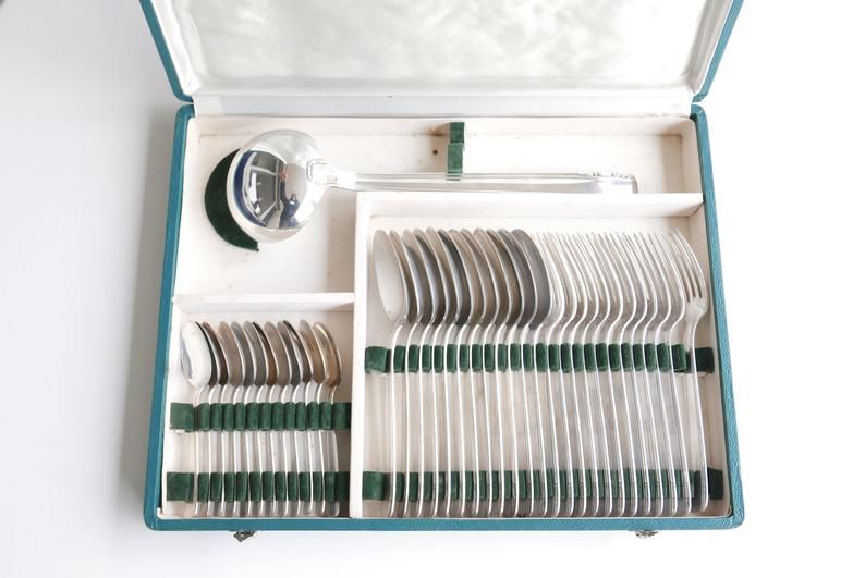 37 pieces cutlery setof silver metal with punches, 50s