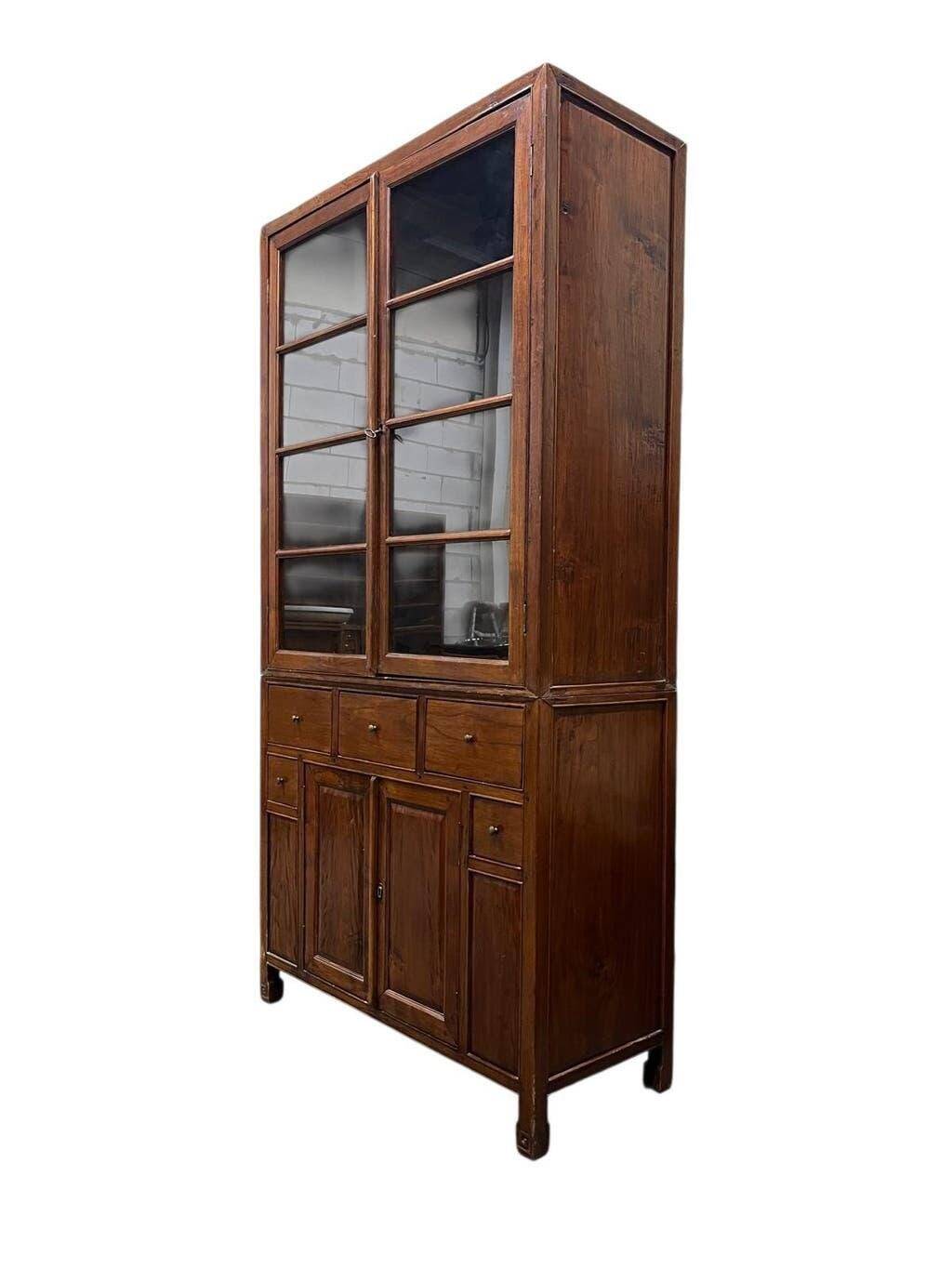 XL vintage wooden display cabinet/buffet, very tall, with glass.