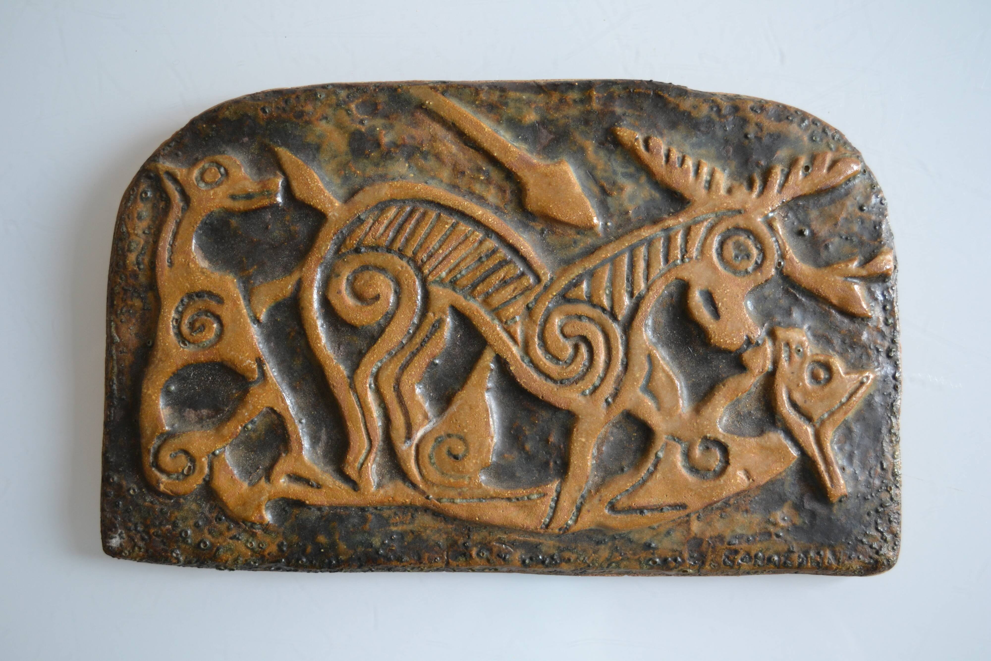 Bas-relief sculpture in terracotta inspired by the Celtic bestiary