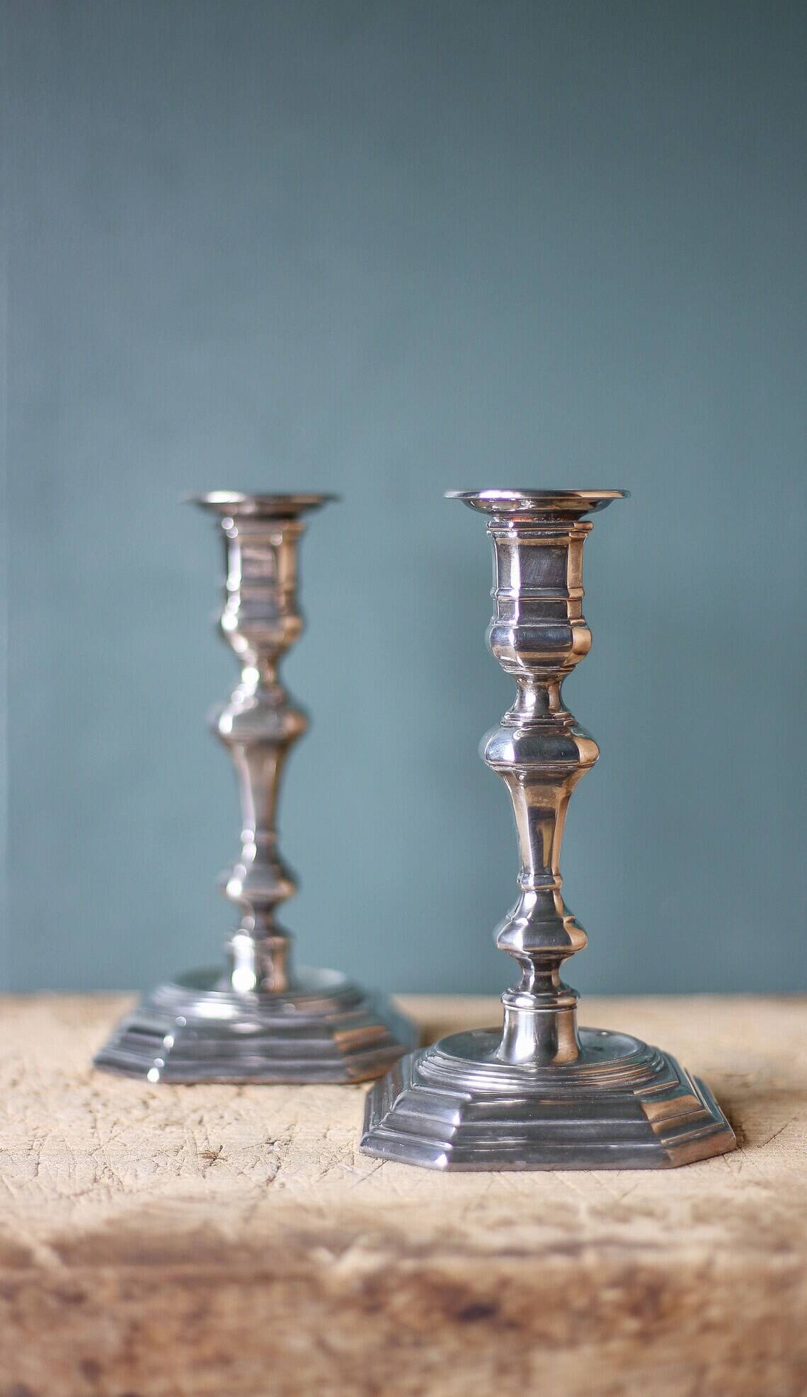 Pair of silver metal empire style candlesticks, candle holder, torch, interior decoration