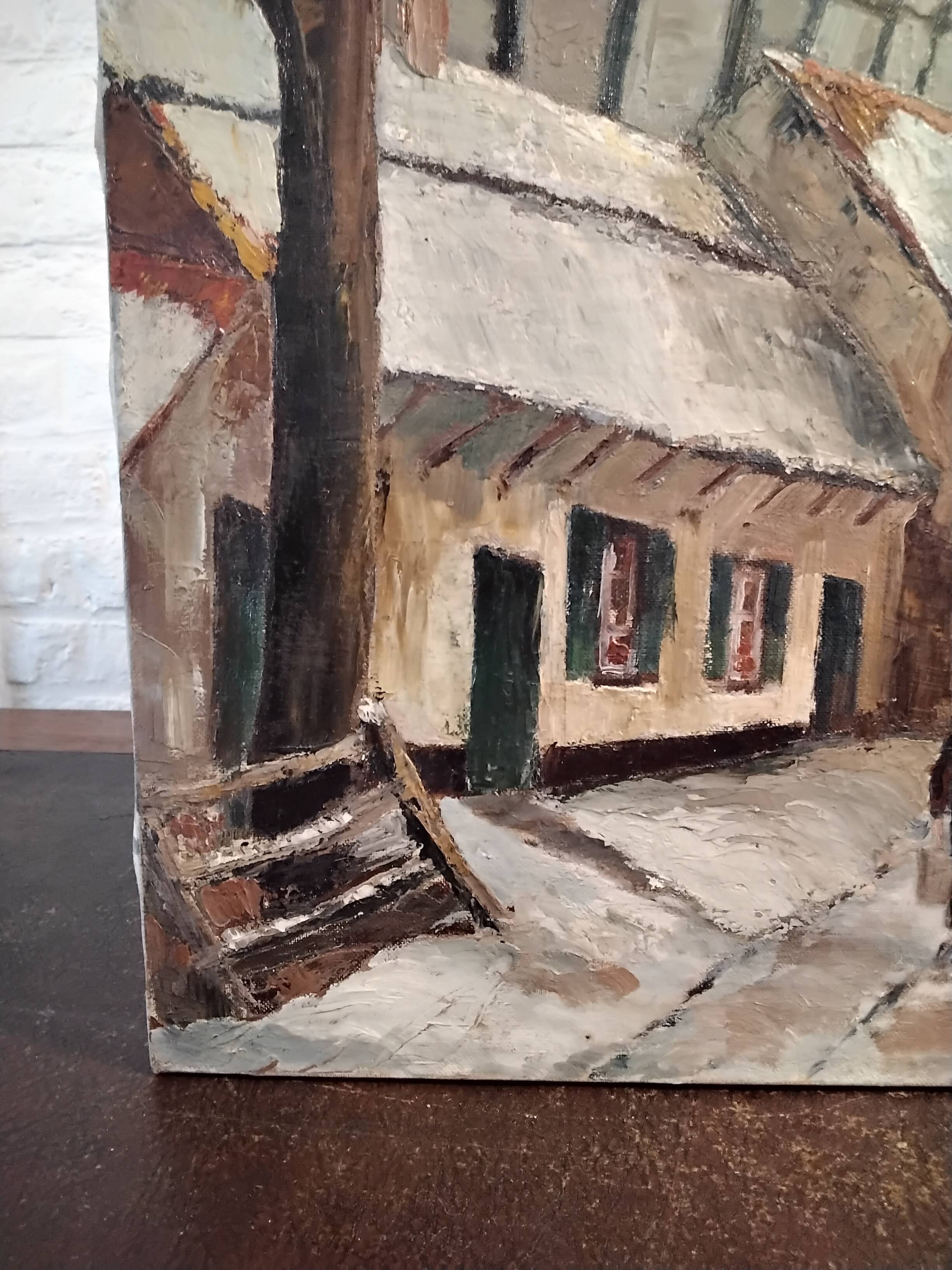 Oil on canvas landscape of a snowy cottage