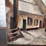 Oil on canvas landscape of a snowy cottage