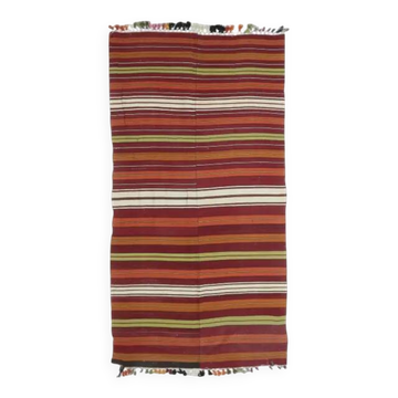 1970s Turkish Hand-Knotted Wool Kilim Flatweave Striped Rug 134x252