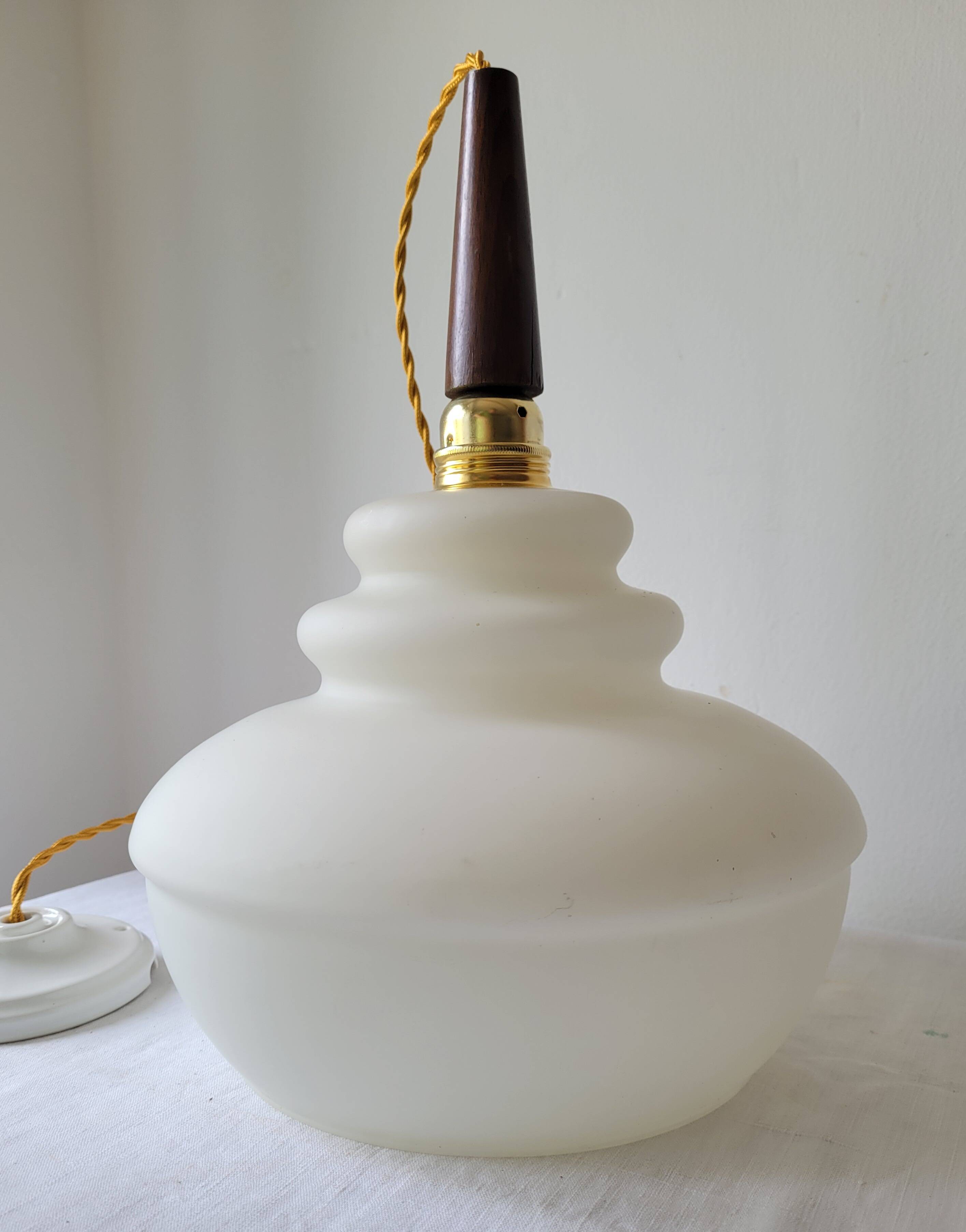 Opaline and teak pendant light