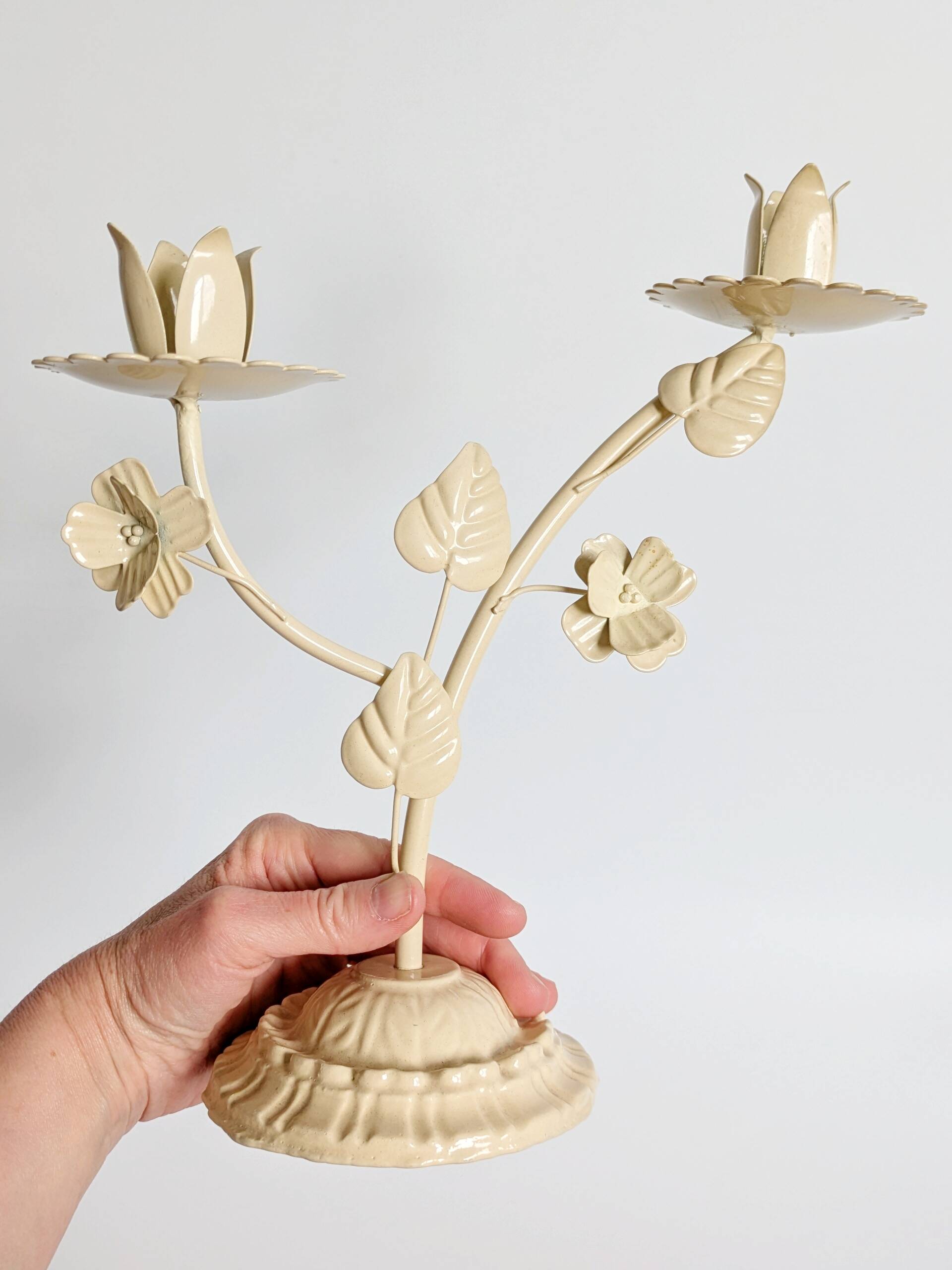 Vintage Italian white painted cast iron candlestick, floral motif, 1970s