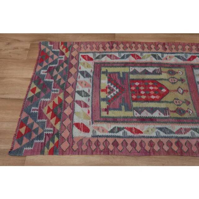 1970s Vintage Turkish Oushak Handmade Wool Cotton Pink Runner Rug 86x286