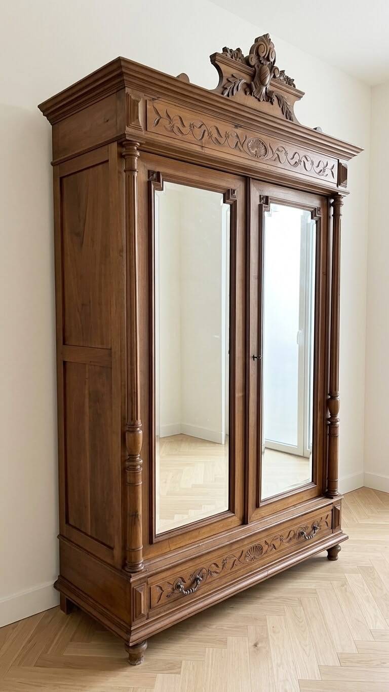 Antique wardrobe with 2 mirror doors in polished wood.