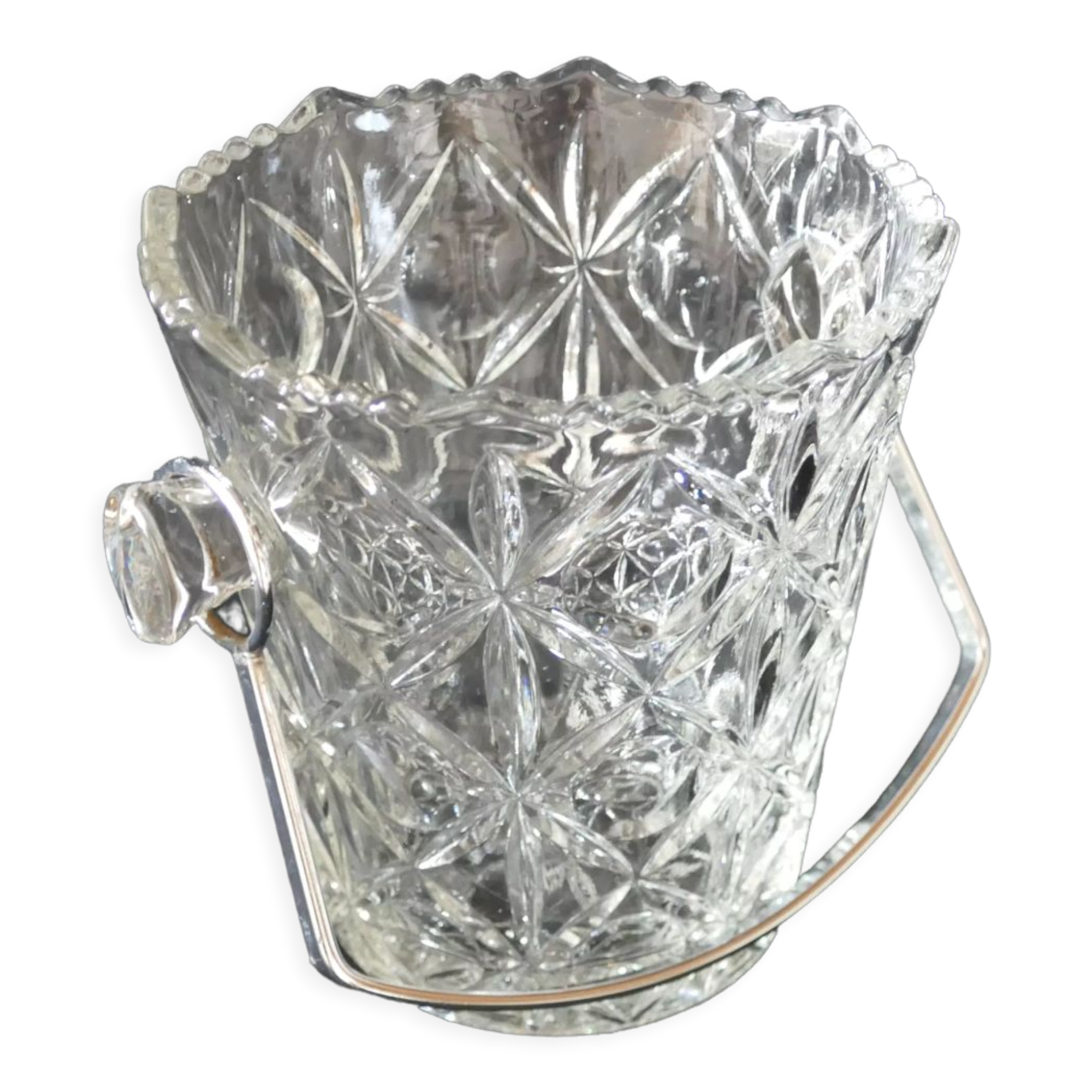 Vintage glass ice bucket stamped with a metal handle