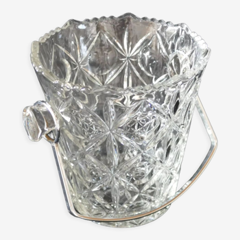 Vintage glass ice bucket stamped with a metal handle