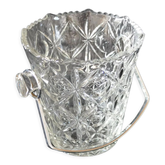 Vintage glass ice bucket stamped with a metal handle