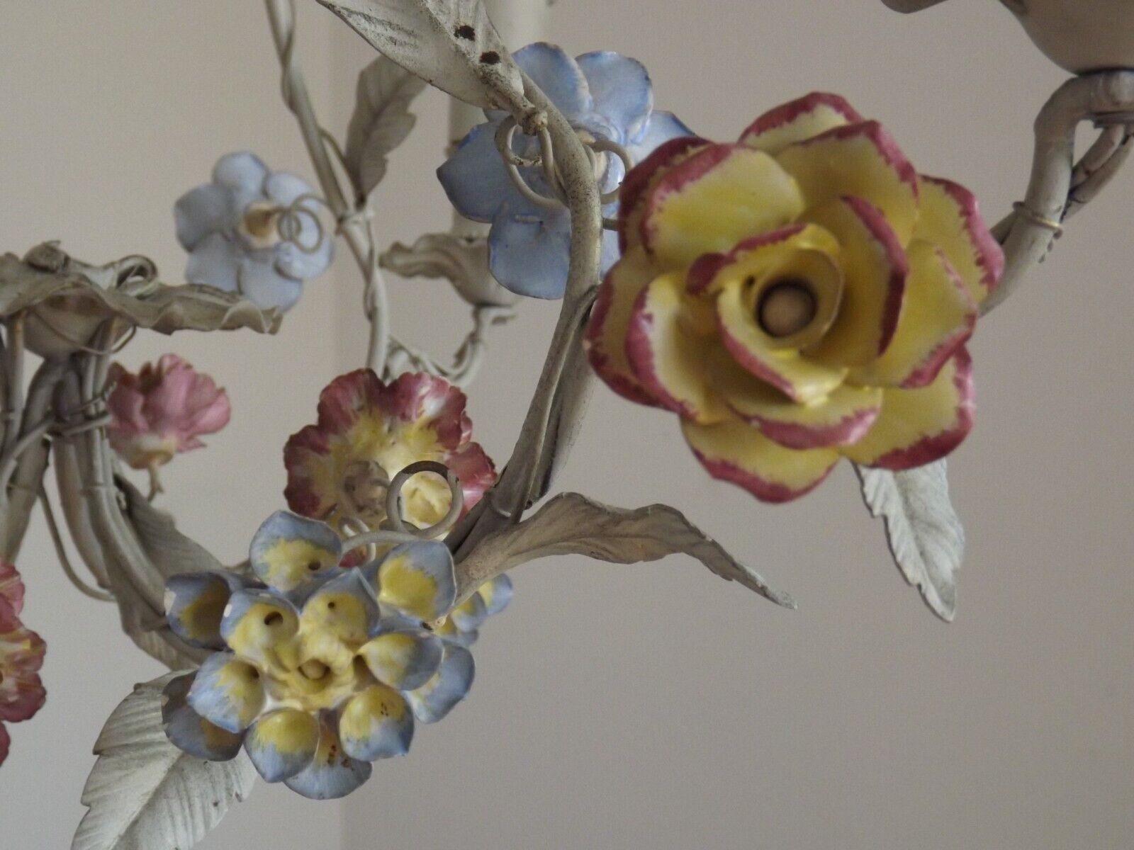 Italian tole ware 3 light cage chandelier with porcelain flowers