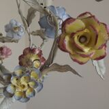 Italian tole ware 3 light cage chandelier with porcelain flowers