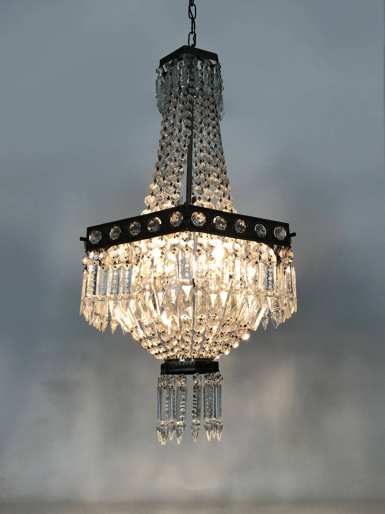 Old large 3-light hot air balloon chandelier in bronze, glass pendants.